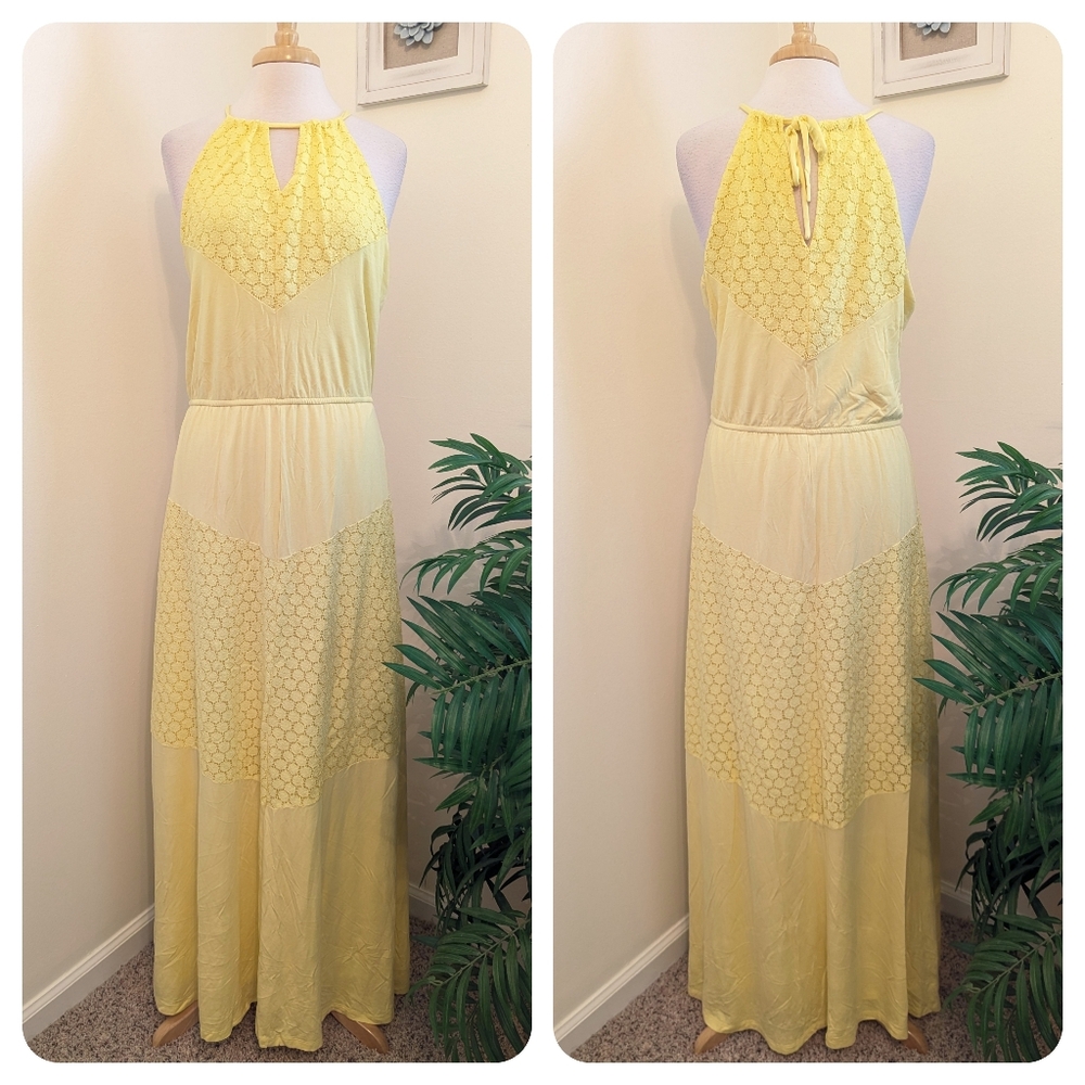 Charming Charlie Lace Sleeveless Halter Neck Summer Maxi Dress Yellow XL